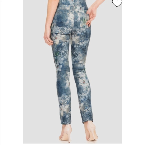 Joseph Ribkoff Print Stretch Pants Blue White Charcoal Sz 8 Floral Easy Up Pants - Picture 3 of 11